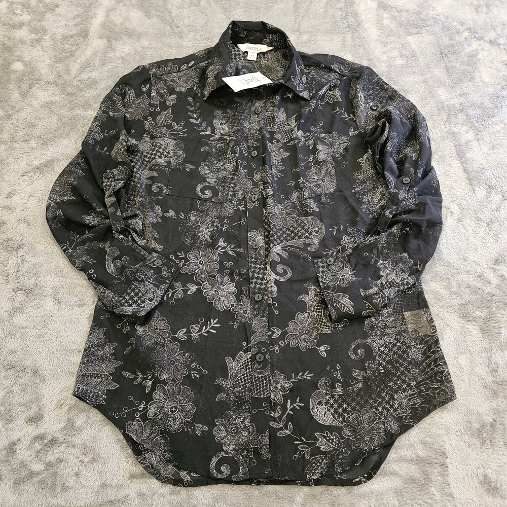 Decree Womens XS Black Floral Paisley Button Down Shirt Sheer Roll Sleeve NWT